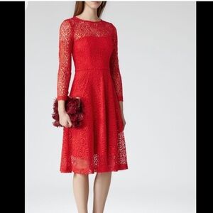Reiss long sleeve fit and flare Red floral Lace Dress romantic feminine
